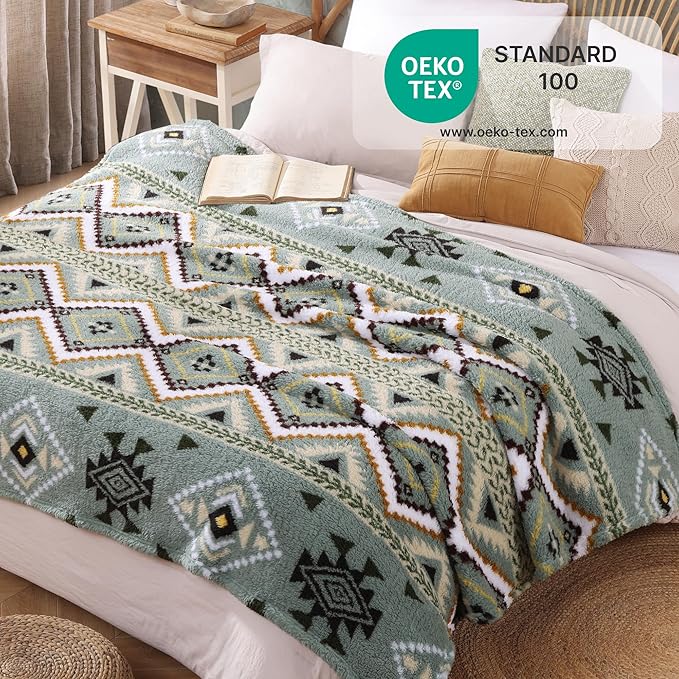 CASAAGUSTO Boho Sherpa Throw Blanket, Aztec Queen Blanket, Ultra Soft, Warm, Cozy, Plush, Thick Fleece Bohemian Throw Blanket for Couch, Bed, Sofa (Olive Green 90 * 90 Inch)