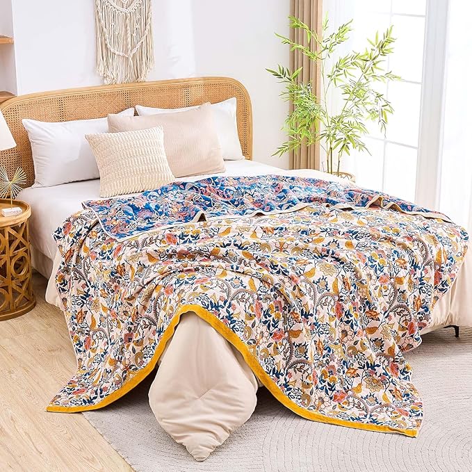 Boho Blanket Throw Quilt, 100% Cotton Soft Light Weight Throw Blankets for Summer, 60"x80" Farmhouse Flower Decorative Blankets, All Season Rustic Reversible Bohemian Throw Quilt