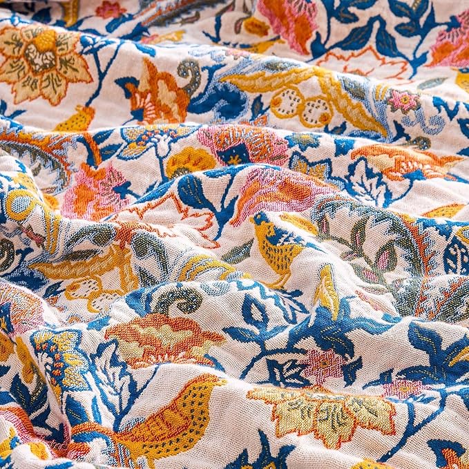 Boho Blanket Throw Quilt, 100% Cotton Soft Light Weight Throw Blankets for Summer, 80"x90" Farmhouse Flower Decorative Blankets, All Season Rustic Reversible Bohemian Throw Quilt
