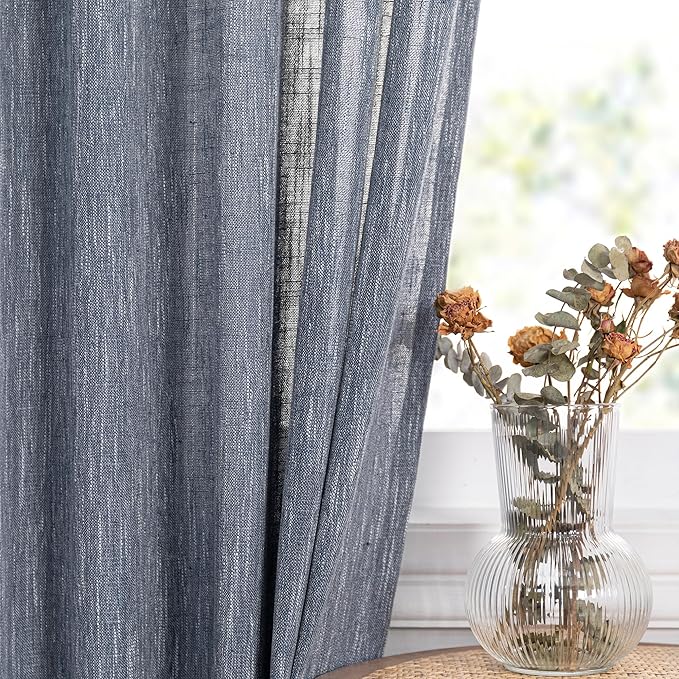 MYSKY HOME Floor Length Bedroom Curtains 90 Inch Long Panels, Boho Curtains Farmhouse for Living Room Sliding Glass Door, Linen Look Texture Light Filtering Rod Pocket, 50" x 90", Dusty Blue, Pack-2