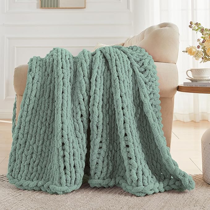 Carriediosa Chunky Knit Throw Blanket 50" X 60", 100% Hand Made Large Chenille Loop Yarn Soft Fluffy Throws for Couch Sofa Bed, Big Crochet Cozy Heavy Thick Cable Woven Blanket, Sage Green