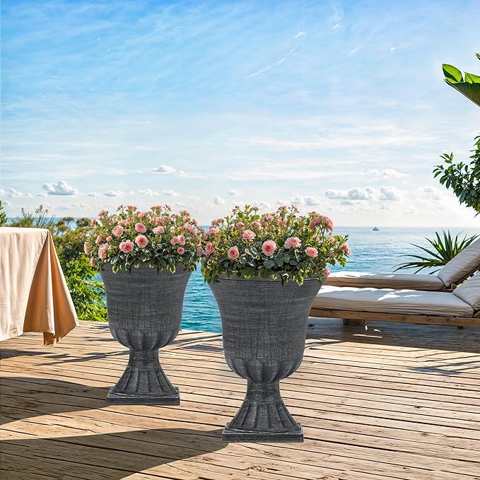 22" Large Urn Planters for Outdoor Plants, Set of 2 Plastic Flower Pot with Handmade Washed Black Finish, Weather-Resistant for Porch, Garden, Patio or Indoor Use