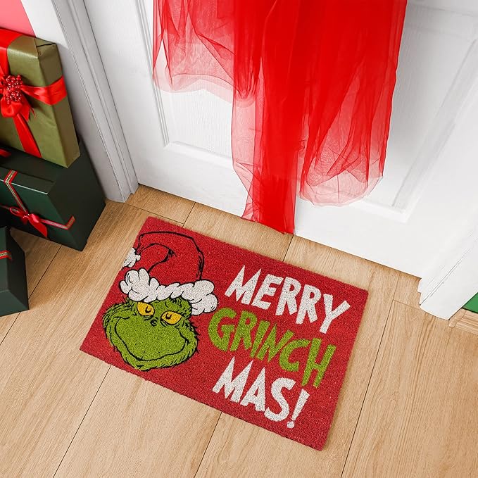 Gertmenian Disney Mickey Mouse Doormat Rug Retro Front Door Coir Mat Home Indoor Outdoor Entryway Carpet, 2-Pack 20x34, The Grinch Welcome/Merry Grinchmas
