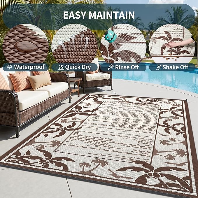 COCOER Outdoor-Rug 8x10 ft Waterproof Reversible Outdoor Plastic Straw Rug RV Indoor Outdoor Carpet Quick Dry Patio Rug Camping Mat for Balcony Backyard Picnic Beach-Brown&Beige