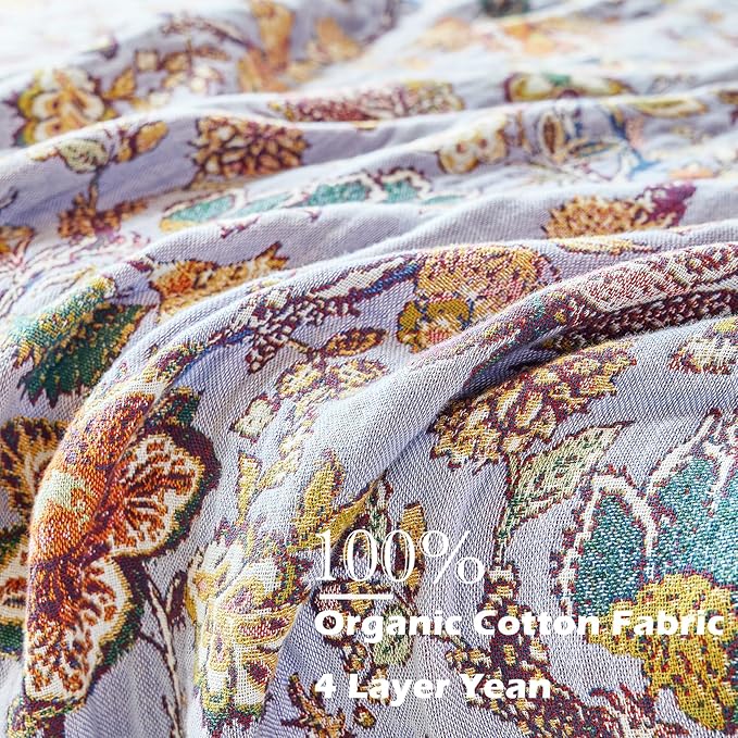 Boho Throw Blanket 80" x 90", 100% Organic Cotton Breathable Ultra Soft Bed Purple Quilt Throw - All Season Luxury Floral Farmhouse Decor Blanket for Sofa Couch Chair and Gift.