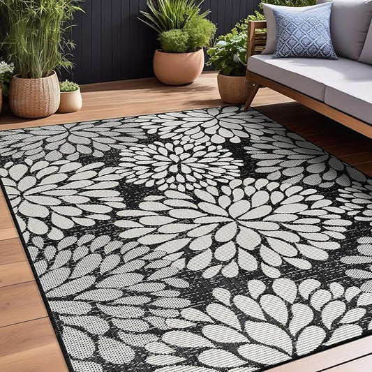Beverly Rug Outdoor Rug 8x10 Modern Exotic Tropical Leaf Area Rugs for Indoor and Outdoor Patio Deck Porch Garden Water Resistant Washable Outside Carpet (8 x 10 Dark Gray)