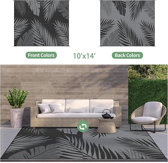 GENIMO Outdoor Rug 10' x 14' Waterproof for Patios Clearance, Reversible Outdoor Plastic Straw Camping Rug Carpet, Large Area Rugs Mats for RV, Camper, Deck, Balcony, Porch, Beach, Picnic, Black&Grey
