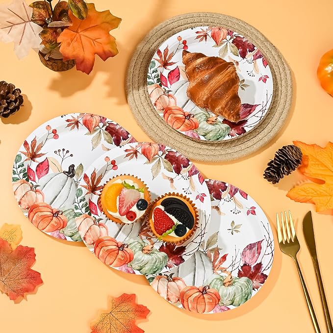 AllReal Fall Pumpkins Paper Plates Rustic Pumpkin Leaves Disposable Party Plate 7" Thanksgiving Autumn Dessert Plate for Birthday Baby Shower Party Supplies Table Decor (48)