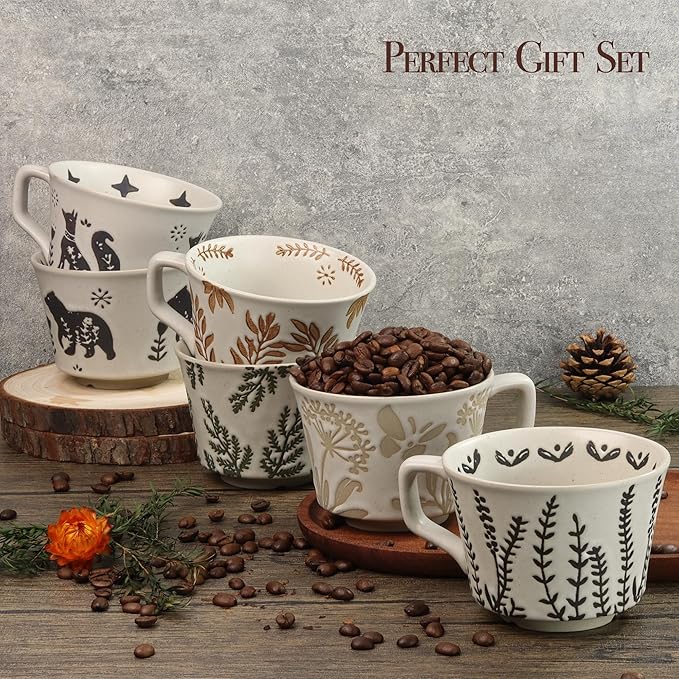 Ceramic Coffee Mug, 12 oz Novelty Unique Teacup with Large Handle, Stoneware Cup for Tea Mocha Latte Cappuccino Espresso (Set of 2, Butterfly and Ivy)