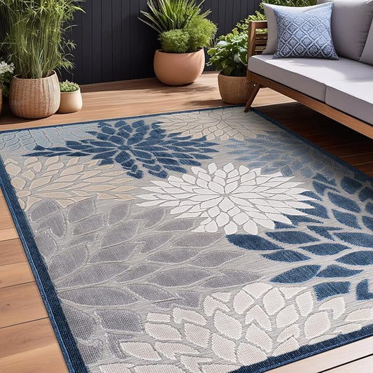 Beverly Rug Outdoor Rug 9x12 Large Modern Floral Tropical Area Rugs for Indoor and Outdoor Patio Easy to Clean Non Shedding Living Room Porch Garden Washable Outside Carpet (9 x 12 Blue)