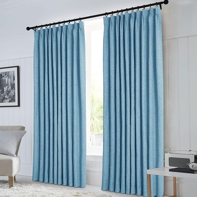 Macochico 100”Wx96”L Pinch Pleated 100% Blackout Linen Curtains Thermal Sliding Curtains for Bedroom Living Room Sliding Glass Door Farmhouse Shabby Chic Blue Drapery with Tieback 1 Panel