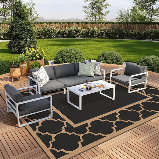 GENIMO 10 ' x 14 ' Outdoor Rug Waterproof for Patio Decor, Foldable Reversible Plastic Straw Area Rugs Mat for Camper, Outside Carpet for Rv, Deck, Porch, Picnic, Beach, Balcony, Black & Brown