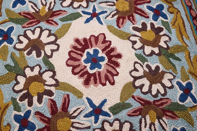 Turquoise Floral Pillow Cover Traditional Blue Flower Pillowcase Traditional Outdoor Cushion Suzani Flower Throw Florals Chair Farmhouse Hand Embroidered Cushions Wool 18x18 Inch