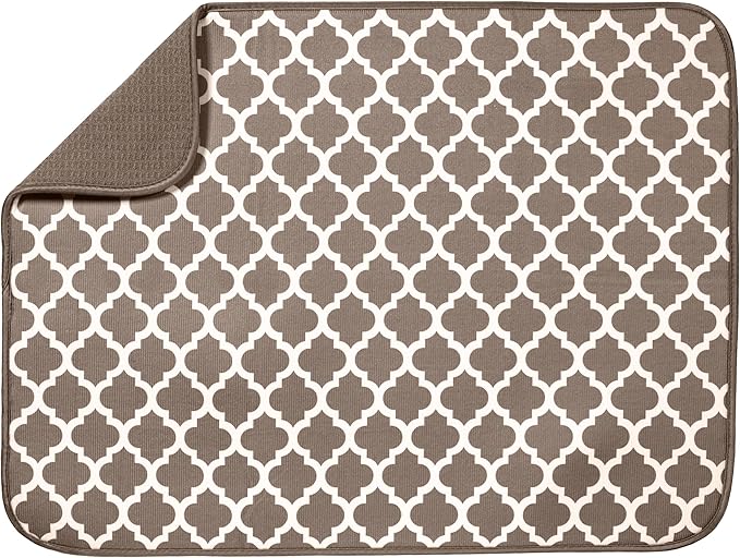 S&T INC. Dish Drying Mat XL, 18” x 24”, Absorbent Microfiber Kitchen Counter Mat, Dish Drying Pad for Dishes, Utensils, Pots and Pans, Extra Large, Taupe Trellis