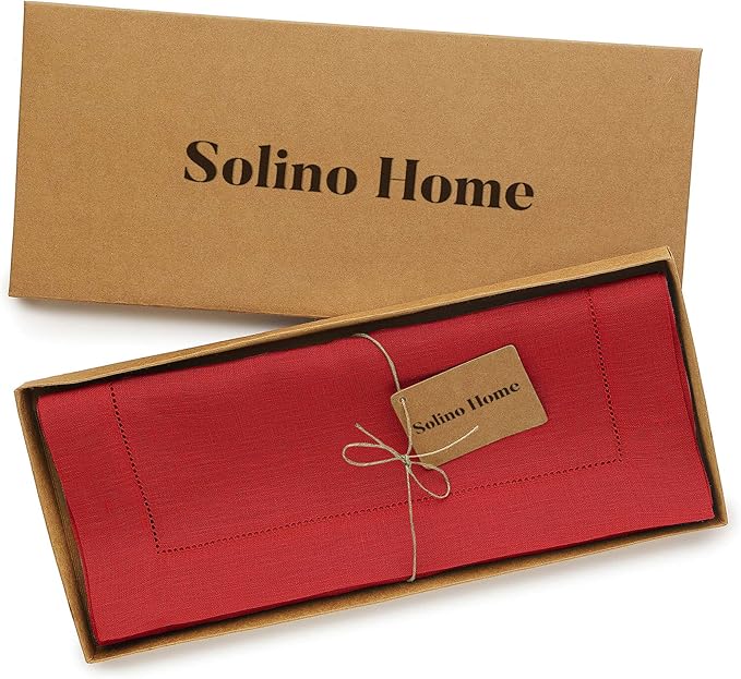 Solino Home Linen Table Runner 90 Inches Long - 100% Pure Linen Red Table Runner 14 x 90 Inch - Classic Hemstitch