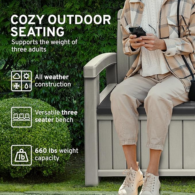 EconoHome 3 Seat Outdoor Storage Bench - 90 Gallon Capacity - Weatherproof Resin Bench for Patio, Porch, Garden, Yard, Pool Area - Furniture for Pool Accessories, Gardening Tools, Toys