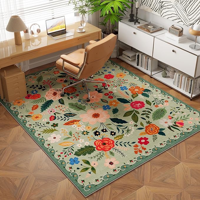 Bedroom Rug 3x5 Rug Washable Area Rug Non Slip Low Pile Boho Floral Small Carpet for Bedroom, Bedside, Kitchen, Entryway, Kids Room, Office, College Dorm Essentials for Girls(Green)
