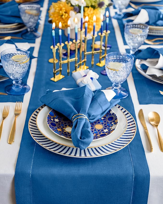 Solino Home Linen Table Runner 36 Inches - 100% Pure Linen Indigo Blue Hemstitch Table Runner 14 x 36 Inch Ideal for Dresser and Coffee Tables - Fall, Autumn - Classic Hemstitch