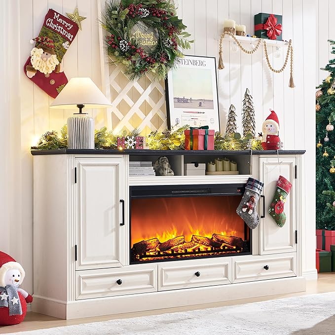 Fireplace TV Stand for 80 Inch TV, 35.7" Tall Farmhouse Entertainment Center W/36'' Electric Fireplace, Media Console with Large Storage Cabinets and Drawers for Living Room, Antique White