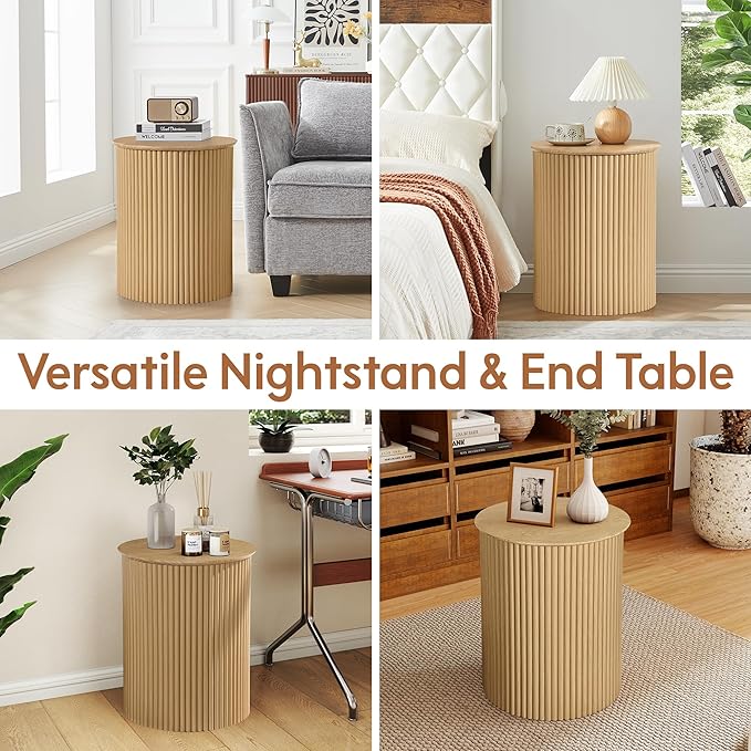 AVZEAR Small Round Side Table Fluted Night Stand Set of 2, Modern Boho End Table with Storage, 17.7" Circle Bedside Tables Wood Nightstands for Small Spaces, Living Room, Bedroom (Natural)