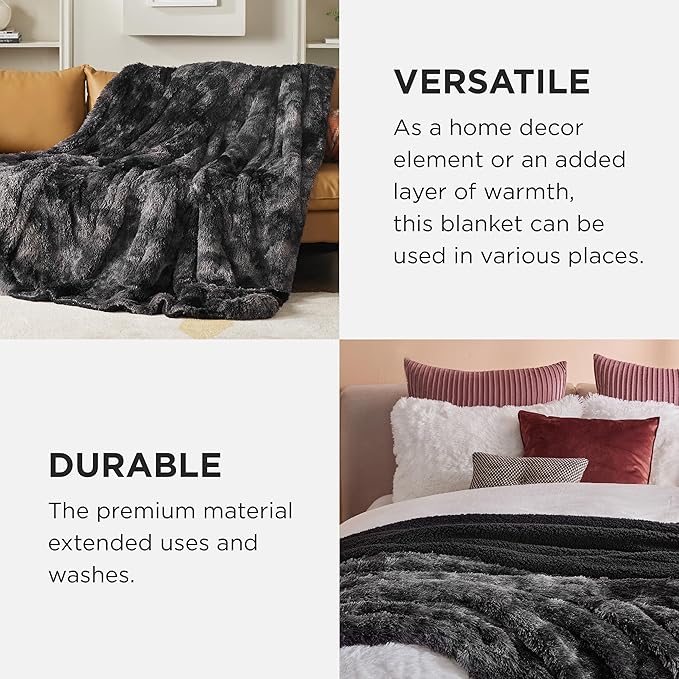 Bedsure GentleSoft Fluffy Tie Dye Black Blankets Queen Size for Bed, Thick Sherpa Faux Fur Fleece Fuzzy Plush Winter Warm Soft Queen Blankets, Black Bedroom Decor Cozy Gifts for Women Men, 90x90