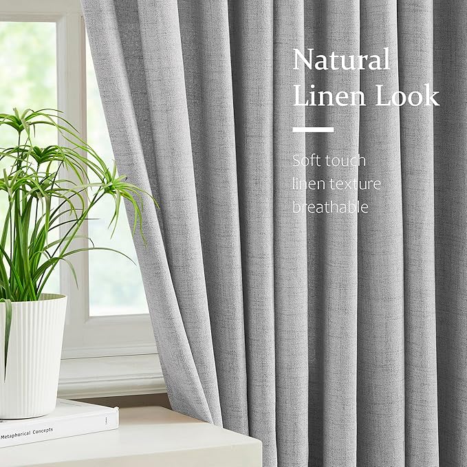 FMFUNCTEX Pinch Pleated Curtains 96 Inches Long for Living Room, Dove Grey Semi Sheer Faux Linen Textured Pleat Drapes for Bedroom with Hooks, Light Filtering Farmhouse Window Drapes 2 Panels