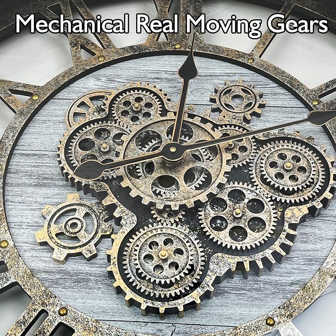 DORBOKER 30" Original Moving Gears Wall Clock, Large Industrial Wall Clock for Living Room Decor, Solid Wood Vintage Farmhouse Steampunk Rustic Clocks for Wall Decor,Silver Grey