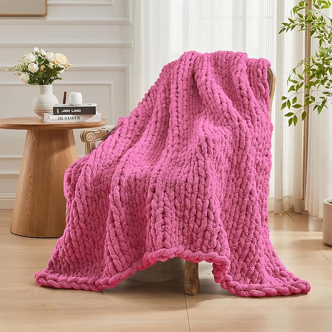 Carriediosa Chunky Knit Throw Blanket 50" X 60", 100% Hand Made Large Chenille Loop Yarn Soft Fluffy Throws for Couch Sofa Bed, Big Crochet Cozy Heavy Thick Cable Woven Blankets, Hot Pink