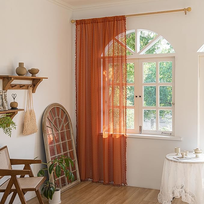 Sutuo Home Burnt Orange Boho Curtains 90 inches Long for Bedroom Living Room, Terracotta Crochet Lace Sheer Bohemian Knitted with Fringes,Window Treatment Drapes, Rod Pocket 1 Panel 59" W x 90" L
