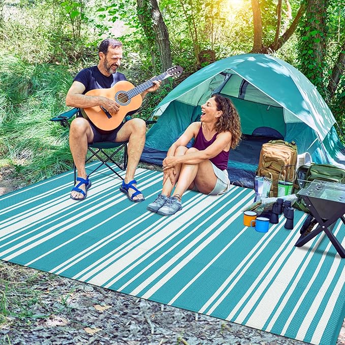 Outdoor Patio Rug 9x12 Stain-Resistant Reversible Camping Mat, Modern Striped Outdoor Plastic Straw Rug, Waterproof Outside Carpet, Easy to Clean for RV, Porch, Deck, Balcony, Light Blue