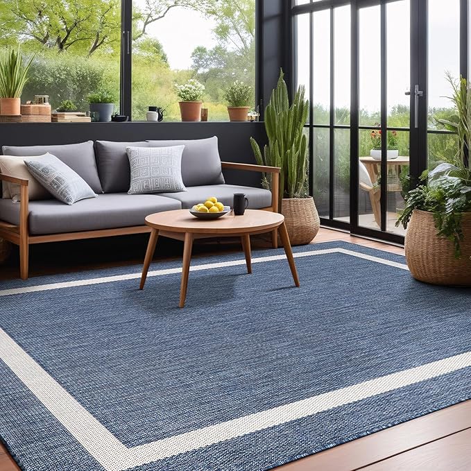 Bordered Outdoor Rug 5x7 Washable Outside Carpet for Indoor Patio Porch Waterproof Easy Cleaning Non Shedding Area Rugs Blue 5 x 7