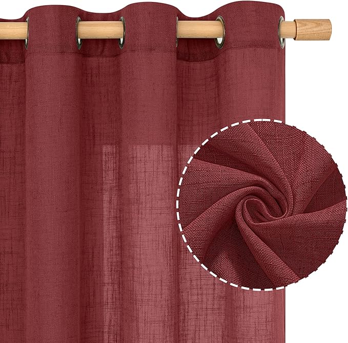 LAMIT Red Sheer Linen Curtains 45 Inch Length, Linen Textured Light Filtering Panels Bronze Grommet Christmas Decor Drapes for Small Windows/Kitchen/Bedroom, 2 Panels Set, Burgundy Red, 34 x 45 Inch