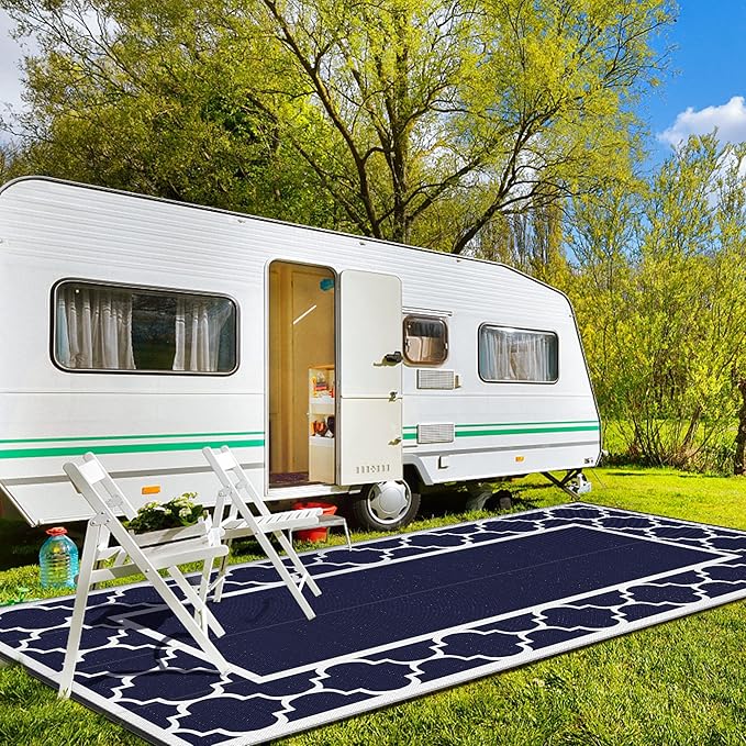 GENIMO 9' x 18' Outdoor Rug Waterproof for Patio, Foldable Reversible Plastic Straw Area Rugs Mat for Rv Decor, Outside Carpet for Camper, Deck, Picnic, Beach, Balcony, Porch, Blue & White