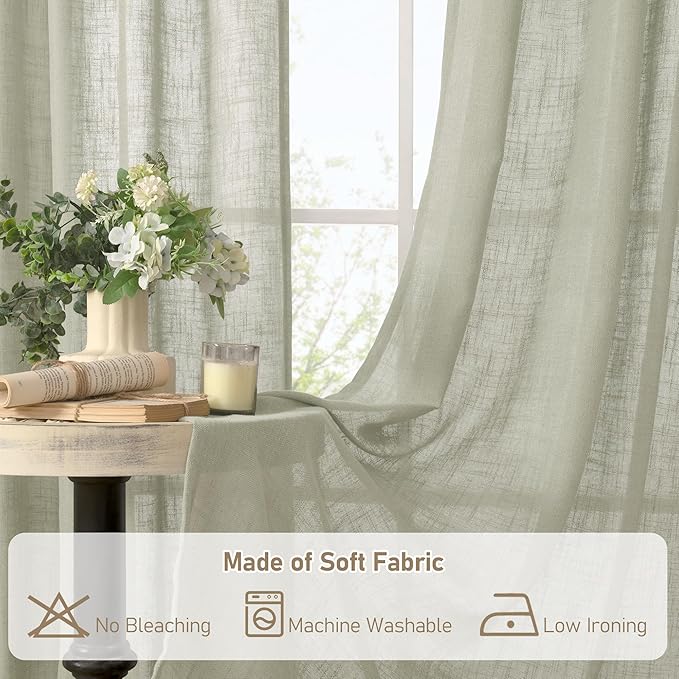 LAMIT Linen Curtains for Living Room, Sage Grey 90 Inch Length Bronze Grommet Linen Textured Farmhouse Curtains Light Filtering Drapes for Bedroom/Dining Room, Set of 2, 52 x 90 Inch