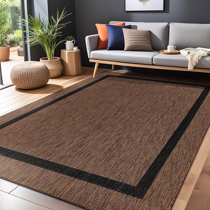 Bordered Outdoor Rug 10x14 Washable Outside Carpet for Indoor Patio Porch Waterproof Easy Cleaning Non Shedding Area Rugs Nut Brown - Black 10 x 14
