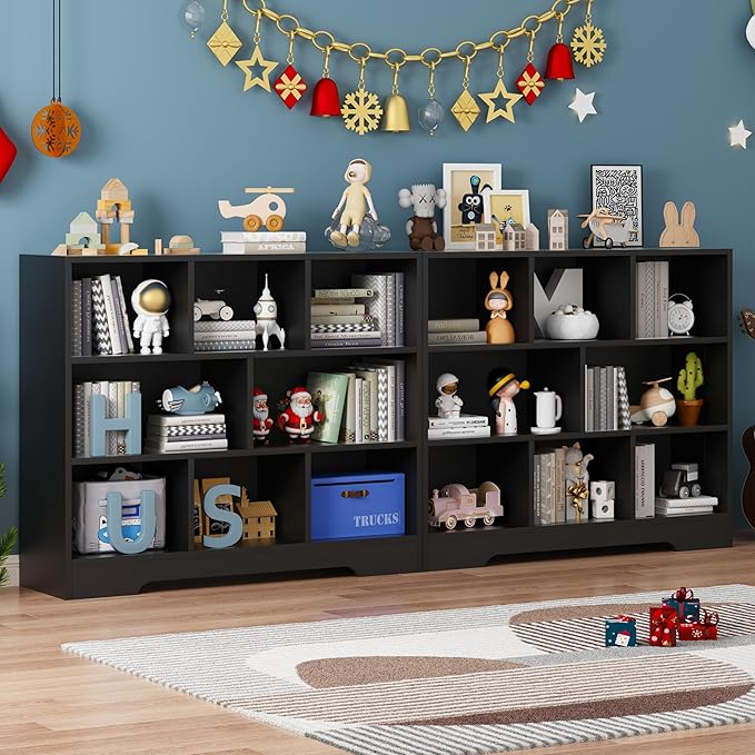 Book Shelf, 8 Cubes Storage Organizer, 3-Tier Open Shelf Wooden Bookcase, Freestanding Black Bookshelf Cube Shelf for Bedroom, Living Room, Home Office