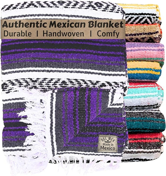 Del Mex Classic Mexican Blanket, Large Authentic Woven Falsa Throw (70"x50"), Artisan Southwest Décor for Beach, Yoga, Outdoors (Purple)