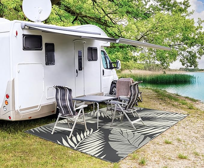 GENIMO Outdoor Rug 6' x 9' Waterproof for Patios Clearance, Reversible Plastic Straw Camping Carpet, Large Area Rugs Mats for RV, Picnic, Backyard, Deck, Balcony, Porch, Beach, Yellow&Grey