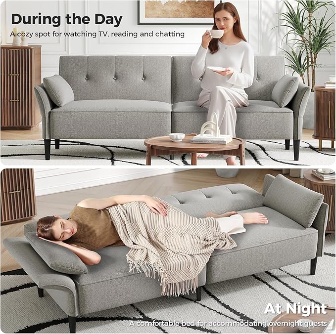 89” Futon Sofa Bed, Linen Comfy Futon Couch Bed with 2 Square Pillows, Convertible Sleeper Sofa with Adjustable Backrest& Armrests, Modern Loveseat Sleeper for Living Room, Bedroom, Light Gray