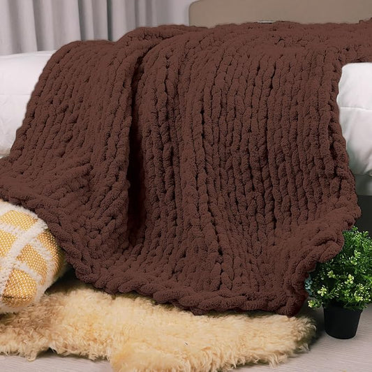 Carriediosa Chunky Knit Throw Blanket 50" X 60", 100% Hand Made Large Chenille Loop Yarn Soft Fluffy Throws for Couch Sofa Bed, Big Crochet Cozy Heavy Thick Cable Woven Blanket, Cocoa Brown