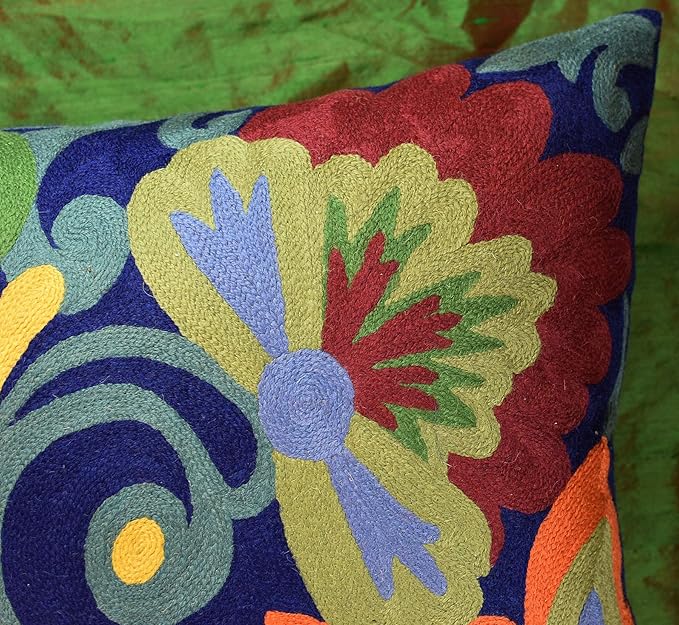 Blue Floral Pillow Cover | Navy Flower Throw Pillow | Outdoor Suzani Cushions | Hand Embroidered Chair Cushion | Wool Size - 18x18