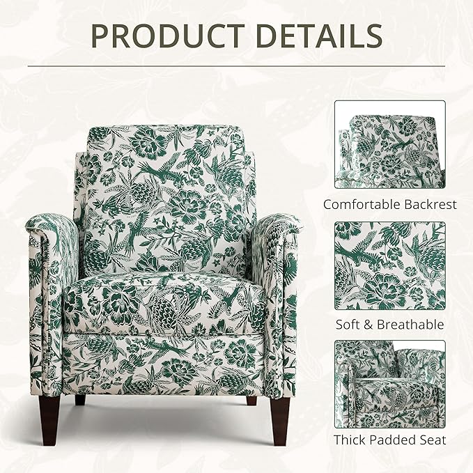 Floral Accent Chair Set of 2, High Back Upholstered Armchair with Solid Wooden Legs, Padded Armrest and Removable Comfortable Cushioned Seat Single Sofa for Living Room, Bedroom, Green