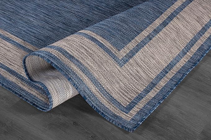 Beverly Rug Large Outdoor Rug 9x12 Modern Bordered Area Rugs for Indoor and Outdoor Patio Deck Porch Garden Waterproof Weather Sun Resistant Washable Outside Carpet (9 x 12 Navy)