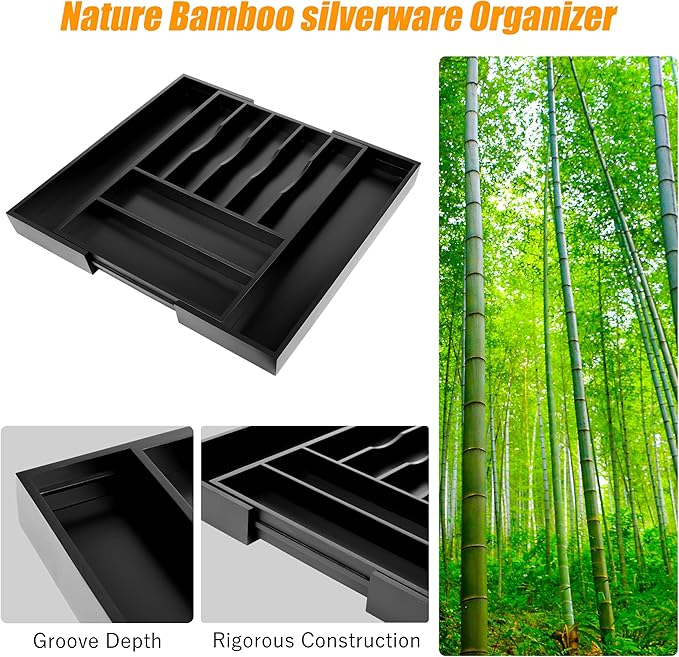 Bellsal Large Premium Bamboo Silverware Organizer - Expandable Utensil Drawer Organizer - 17"x19.6" Utensil Holder and Cutlery Tray with Grooved for Kitchen Flatware and Utensils(7-9 Slot, Black)