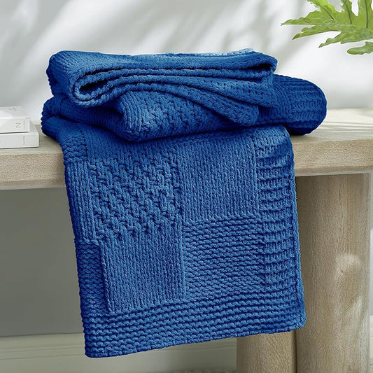 Amélie Home Chenille Knit Throw Blanket for Couch, Checkered Texture Decorative Soft Blanket for Sofa, Bed & Living Room, 50"x60", Blue