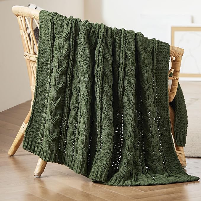 Bedsure Cable Knit Throw Blanket for Couch Bed - Breathable Chenille Chunky Knit Throw Blanket for Decorative Gift, GentleSoft Cozy and Warm for Winter and All Seasons, Green, 50x60 Inches