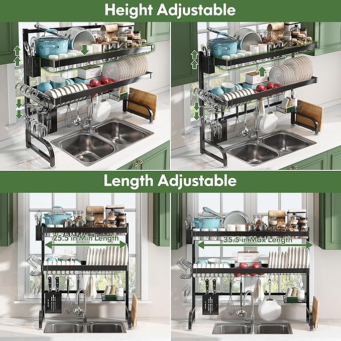 3 Tier Extra Large Stainless Steel Expandable Over The Sink Dish Drainer Drying Rack, Rust Proof Metal, Space Saving, Modern Black Big Capacity Extendable Plate Strainers Above Kitchen Counter