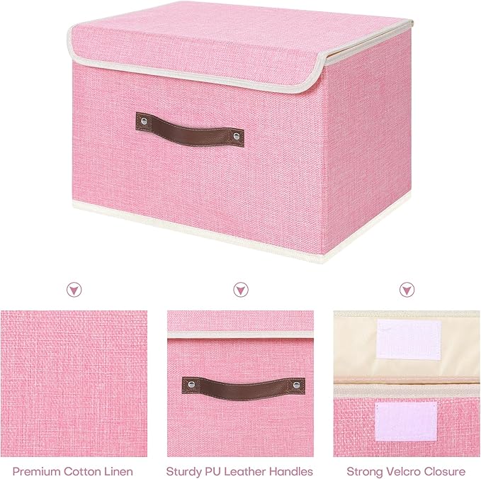 ANMINY 2PCS Storage Bins with Lid PU Leather Handles Storage Boxes PP Plastic Board Decorative Foldable Lidded Cotton Linen Fabric Home Cubes Baskets Closet Organizer Containers - Pink, Large Size