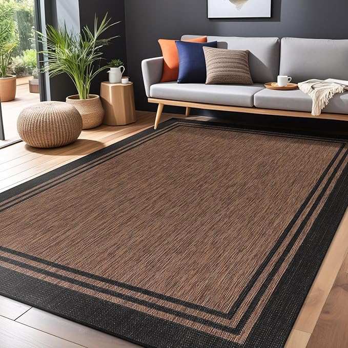 Bordered Outdoor Rug 6x9 Washable Outside Carpet for Indoor Patio Porch Waterproof Easy Cleaning Non Shedding Area Rugs Nut Brown 6 x 9