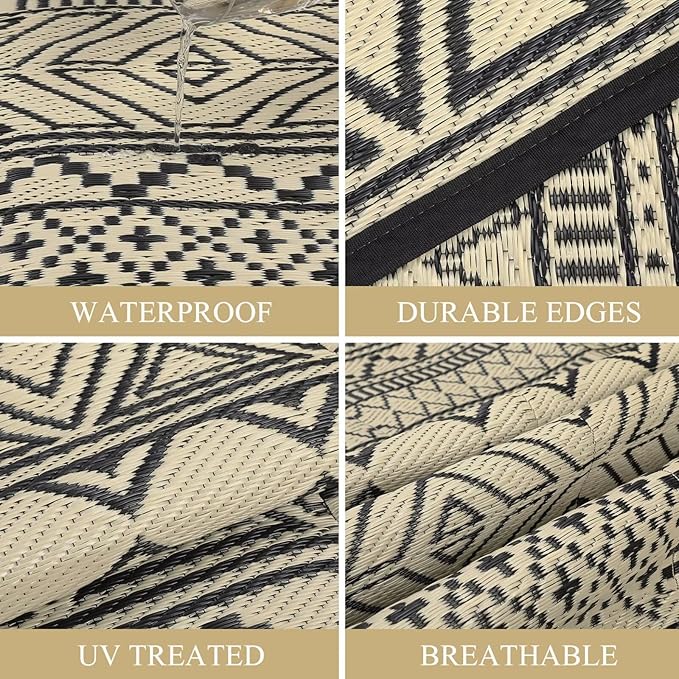 GAOMON Outdoor Rug for Patio Clearance 5x8 Reversible Plastic Straw Patio Rug for Camping Stain & UV Resistant RV Mats for Porch, Deck, Backyard, Camper, Balcony, Picnic, Black&Brown